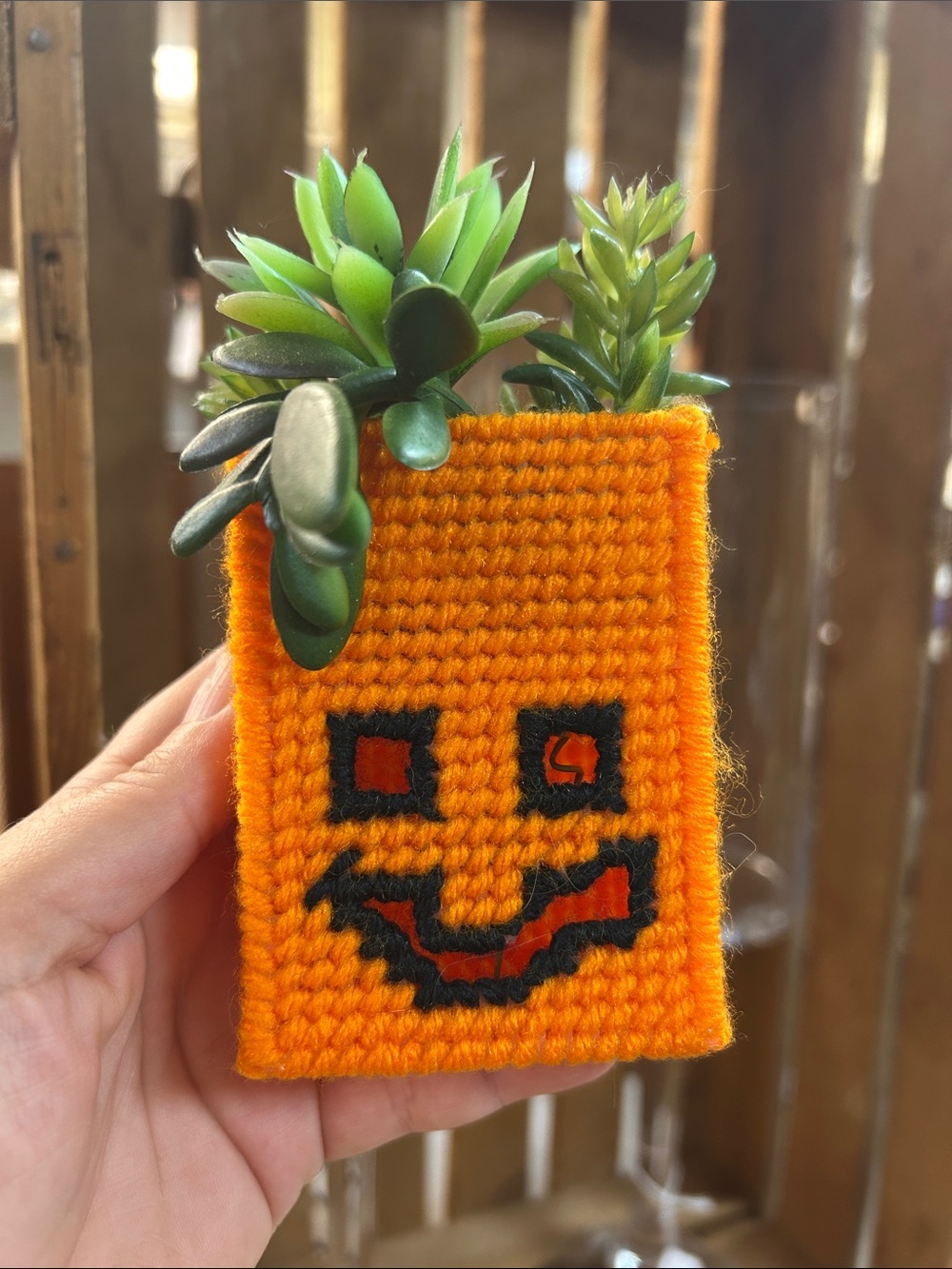 Handmade Orange Plastic Canvas Pumpkin Jack-O'-Lantern Box